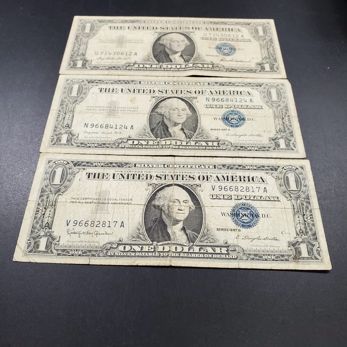 1957 $1 3 Note Letter Set w/ A & B Silver Certificate Blue Seal Currency VG
