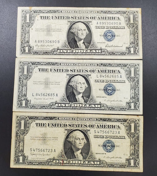 1957 $1 3 Note Letter Set w/ A & B Silver Certificate Blue Seal Currency Circ 2