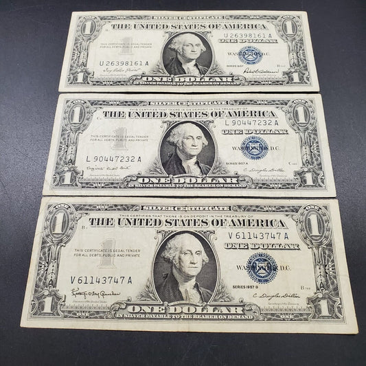 1957 $1 3 Note Letter Set w/ A & B Silver Certificate Blue Seal Currency FINE +