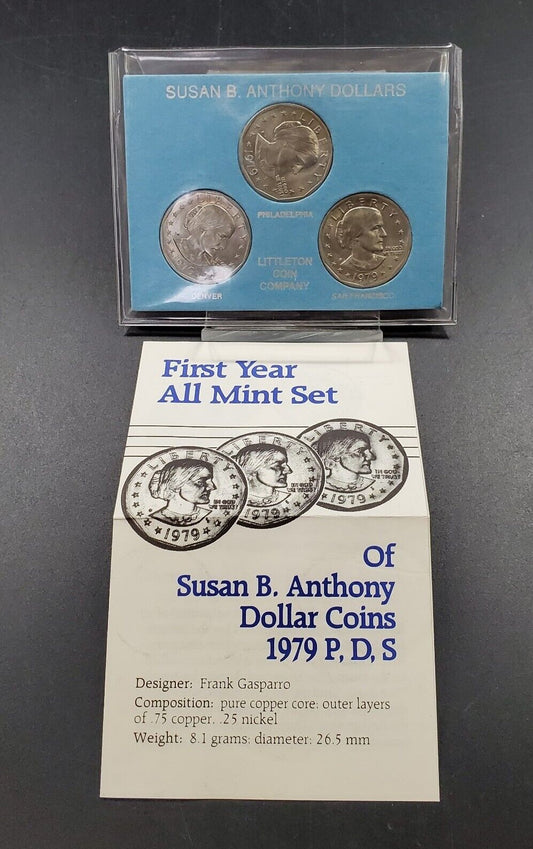 SUSAN B ANTHONY 3 COIN SET P,D,S, 1979 FIRST YEAR ALL MINT SET