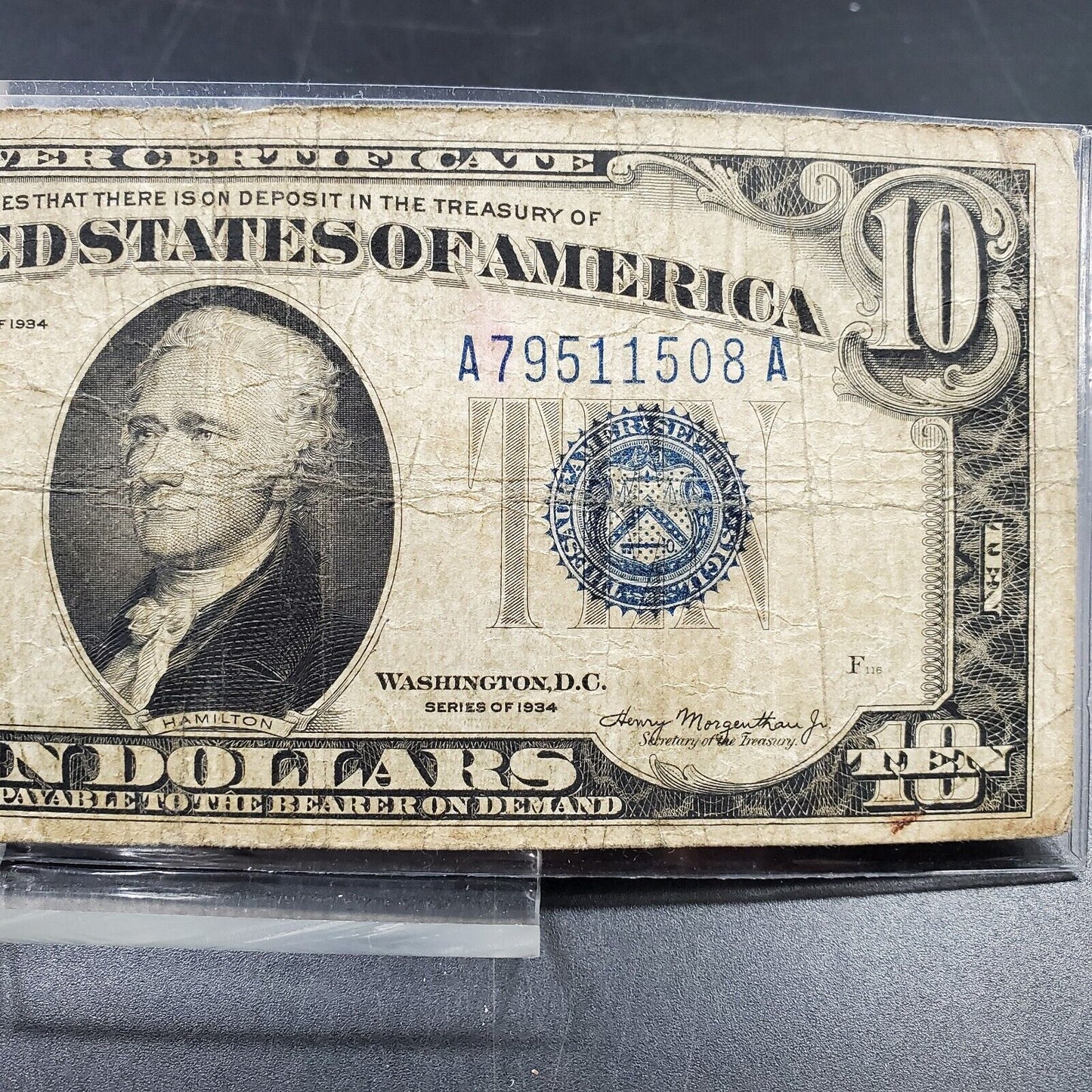 1934 $10 Blue Seal Silver Certificate Mule Note Different Size Block #s CH Fine