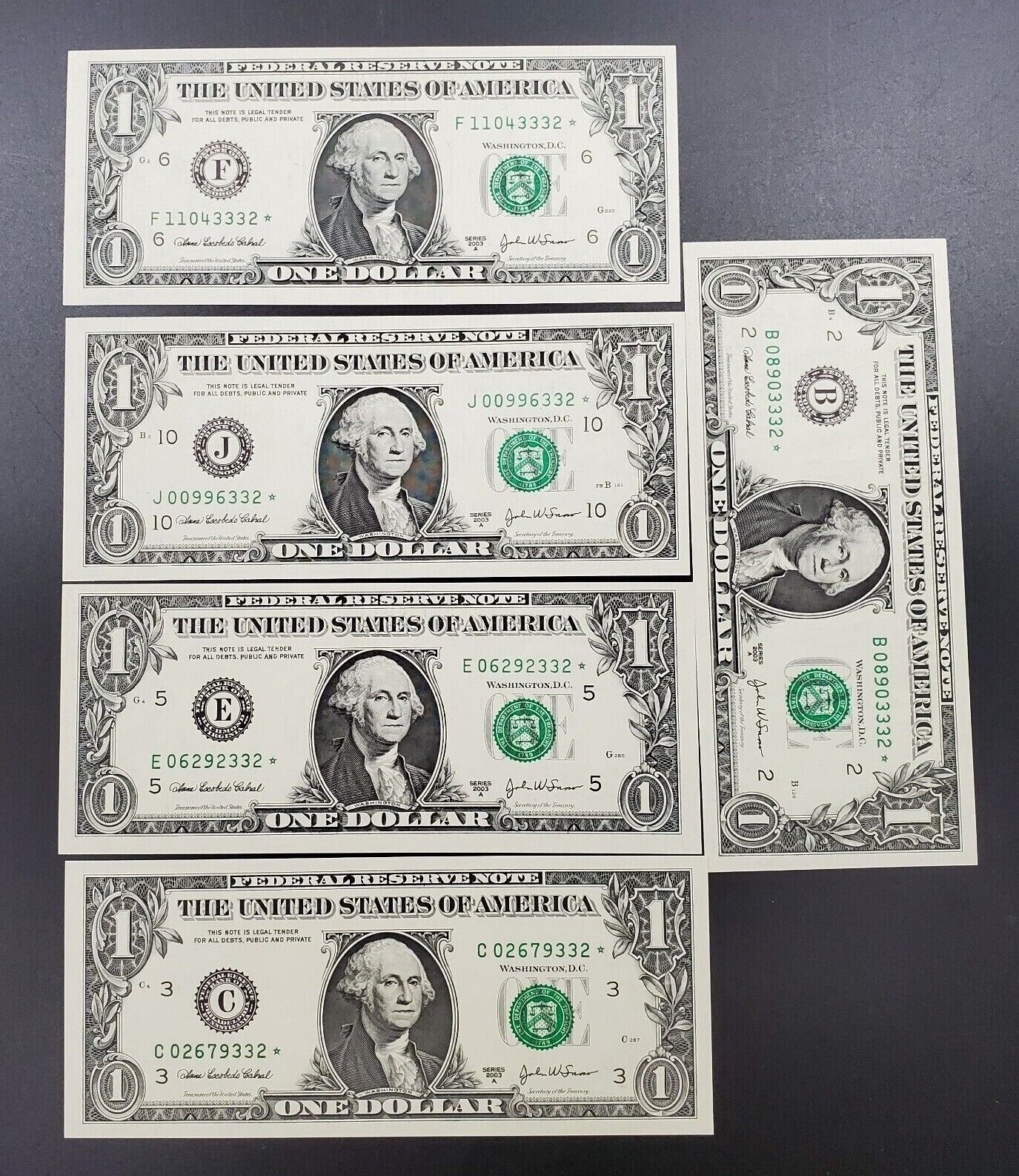 SERIES 2003 A $1 FRN FEDERAL RESERVE NOTE UNC STAR * ALL END IN 332 Serial #s