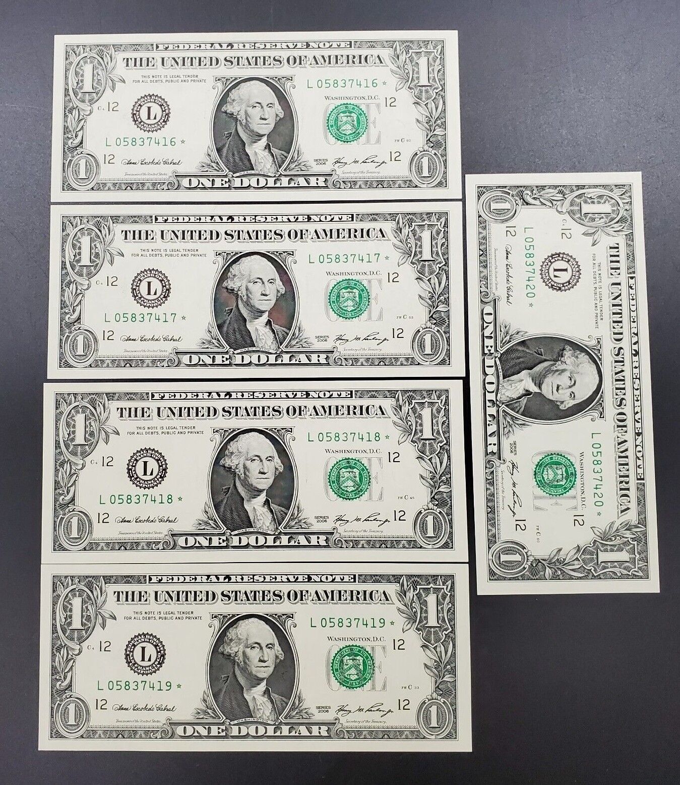 5 CONSECUTIVE 2006 $1 FRN FEDERAL RESERVE STAR * NOTE CHOICE UNC