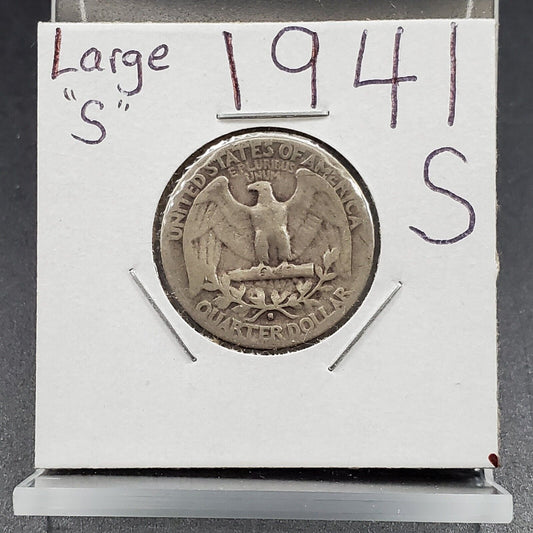 1941 S 25C Washington Quarter Silver Coin Large S Circulated AG / Good