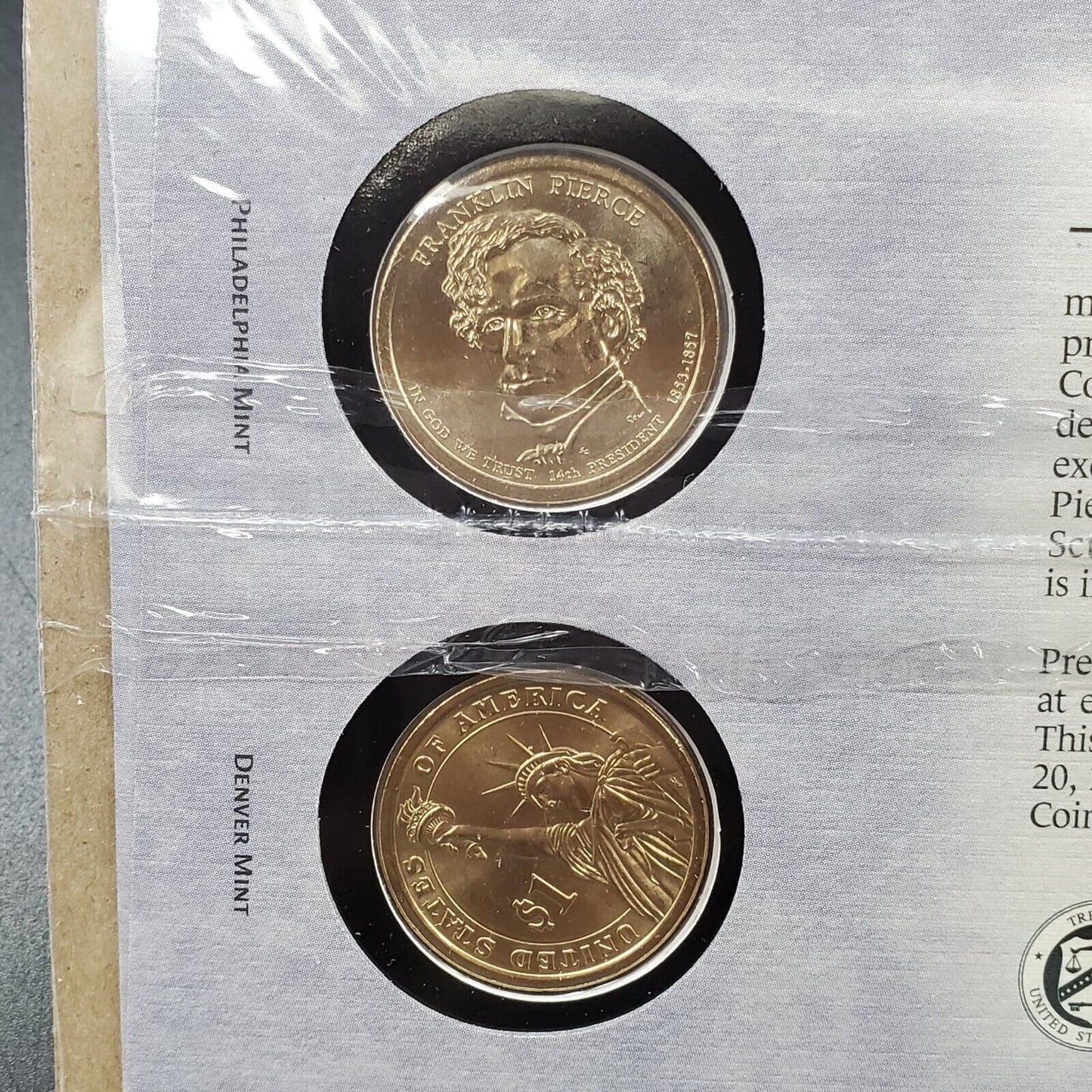 FRANKLIN PIERCE 2010 Presidential Dollar P & D 2 coins Set First Day OGP US Mint