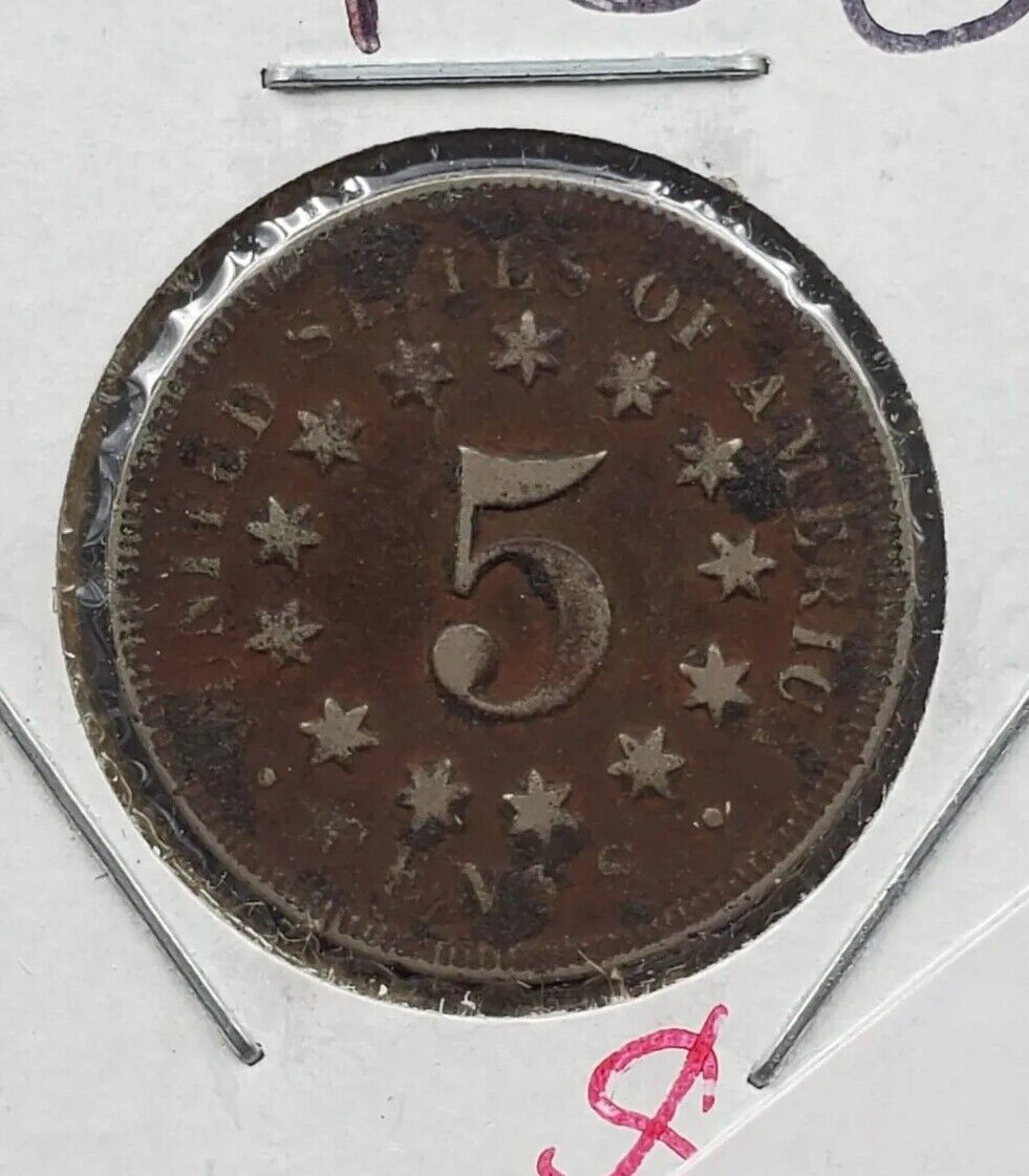1867 P 5c Shield Nickel Very Circulated NO RAYS Variety