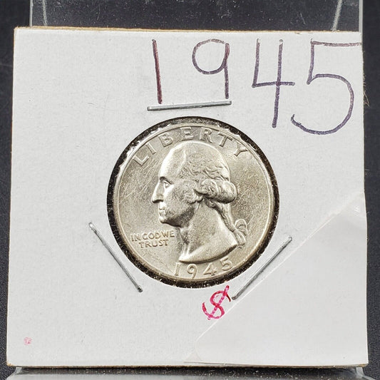 1945 P 25C Washington Quarter Silver Coin  WW2 World War Two Era AU