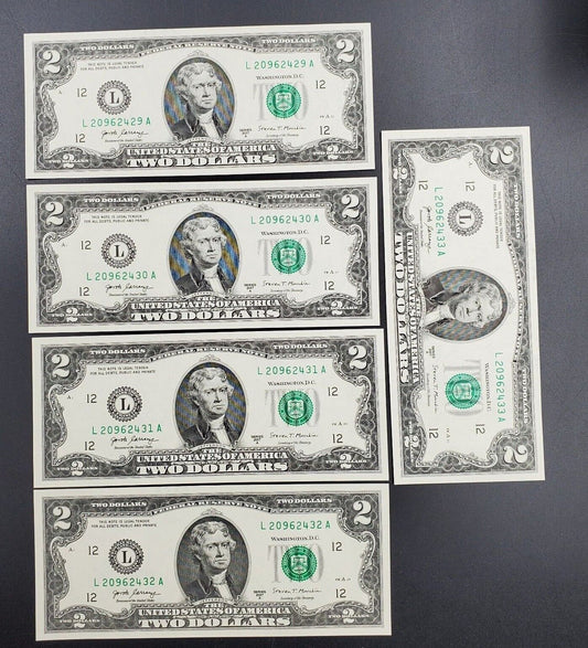 5 CONSECUTIVE $2 2017 A FRN Federal reserve Note Bills CHOICE GEM UNC EPQ