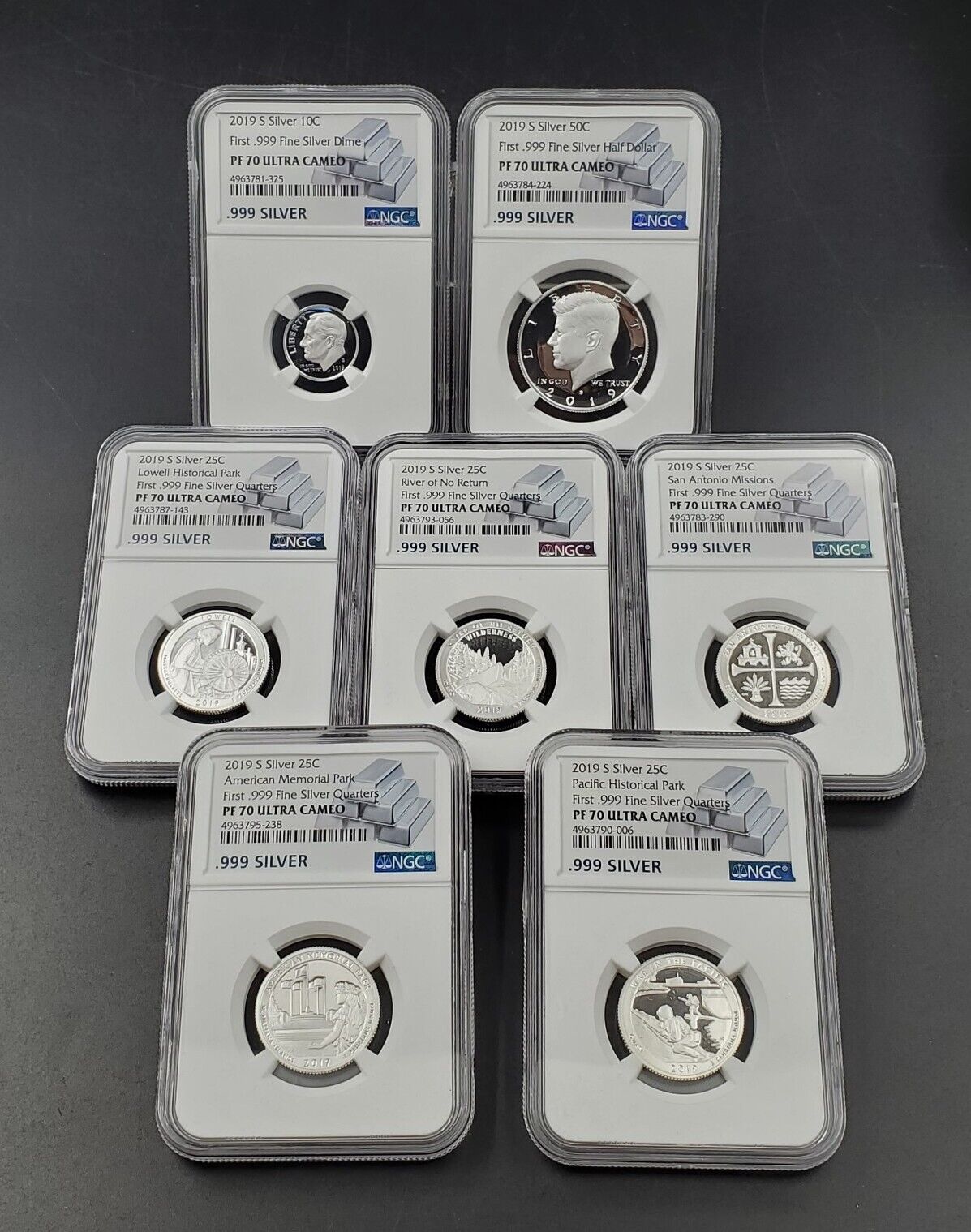 2019 S Silver Proof Coin Set 7 pc NGC PF 70 Ultra Cameo First .999 Fine
