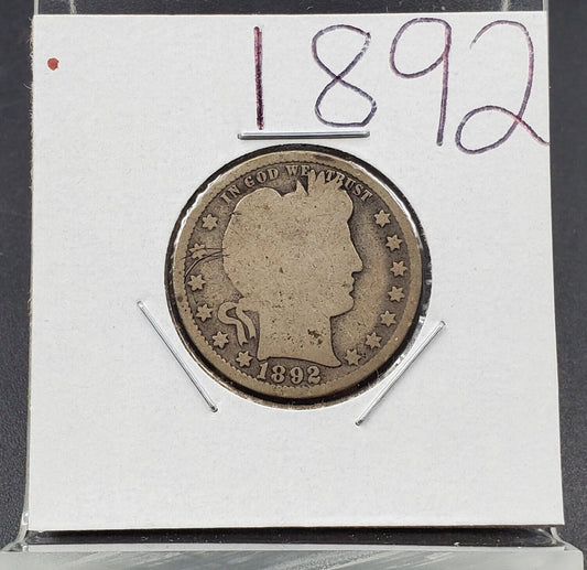 1892 P Barber Silver Quarter Coin Very Circulated Full Date Condition