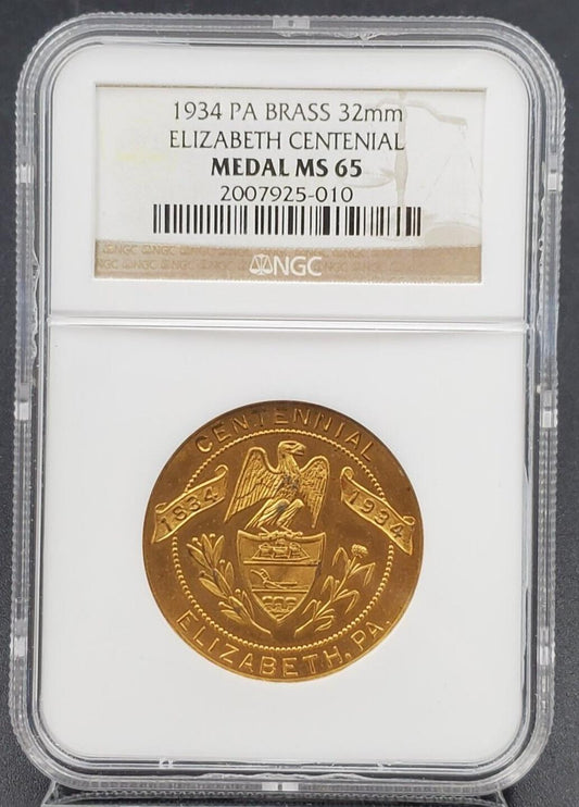 1934 PA Brass ELIZABETH CENTENIAL 32mm NGC Medal MS65 Parade & Steamboat Commem