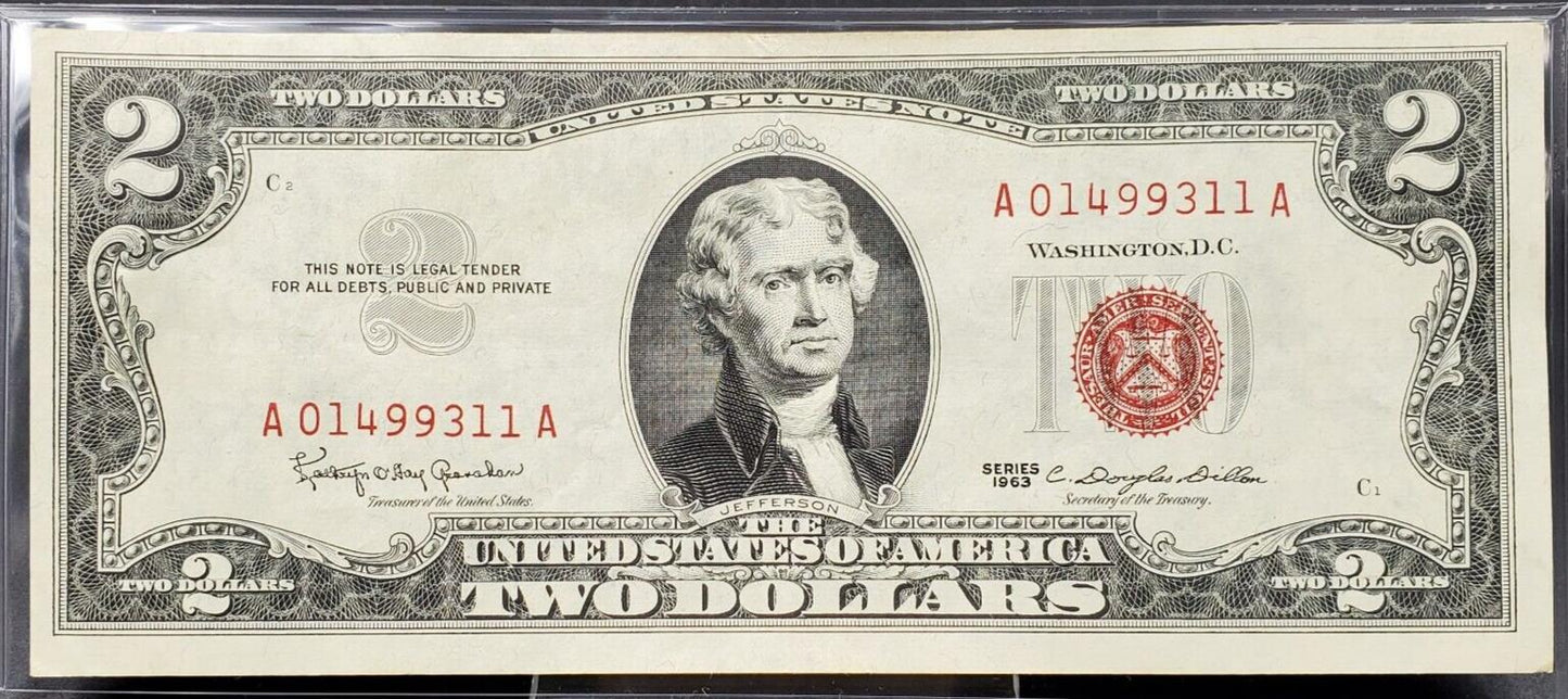 1963 $2 Red Seal Legal Tender Circulated Note MATCHING BLOCK PLATE #1 OBV & REV