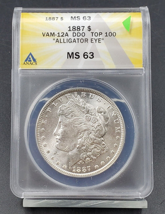 1887 P Morgan Silver Dollar Variety Coin ANACS MS63 VAM-12A DDO ALLIGATOR EYE 58