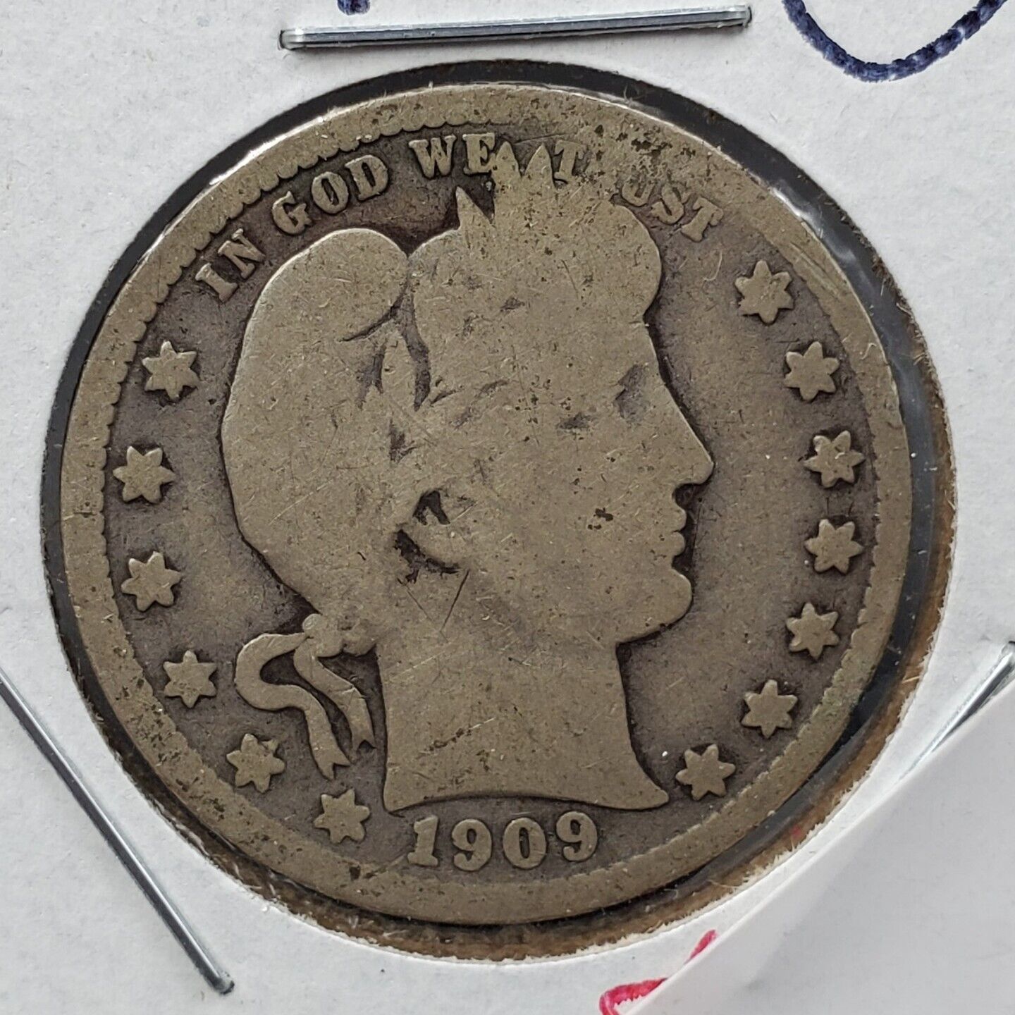 1909 S Barber Silver Quarter Coin  Good Full Date Circ