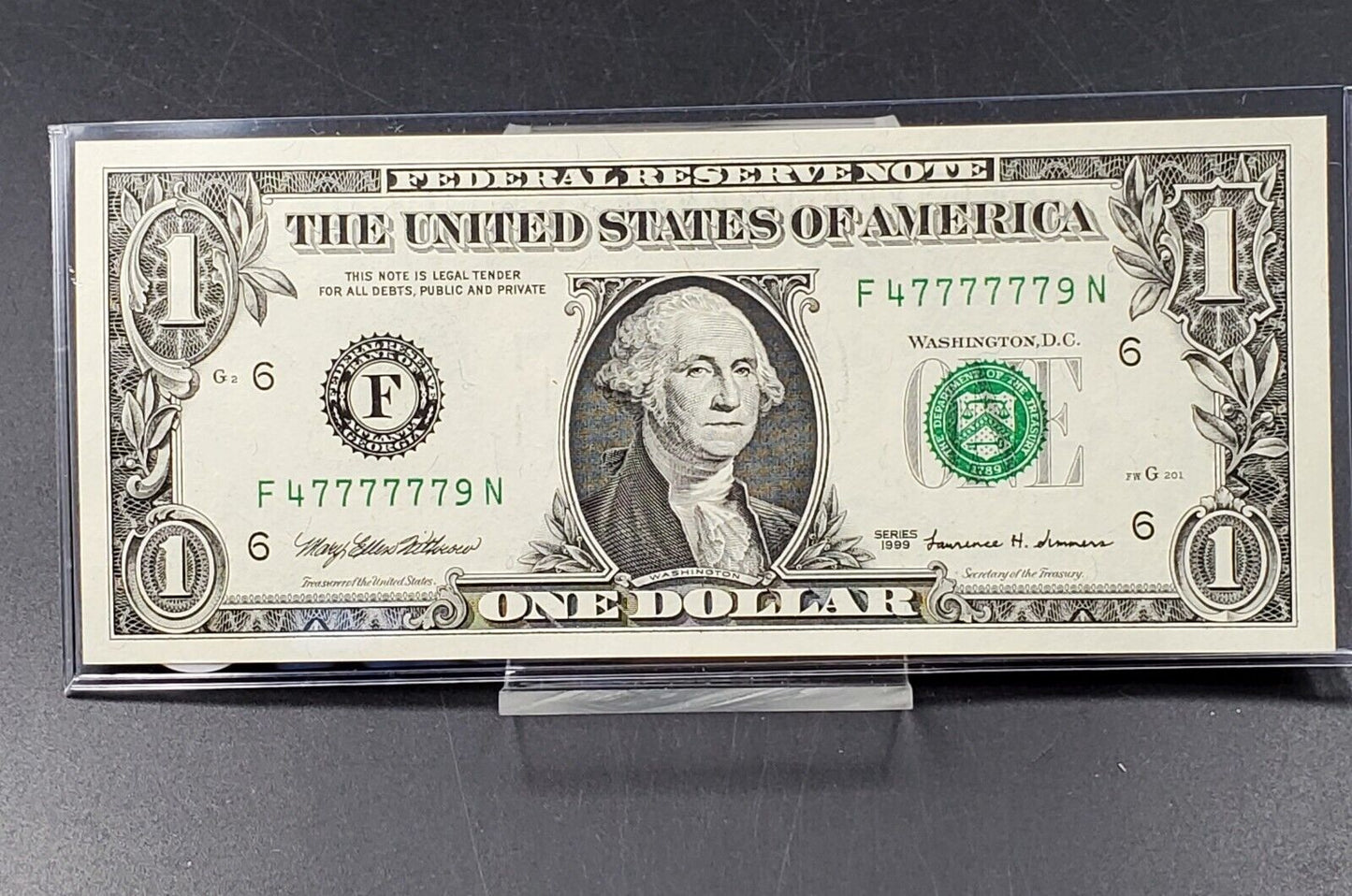 1999 $1 FRN Federal Reserve Note UNCIRCULATED  Sextuple Repeat Serial # 777777