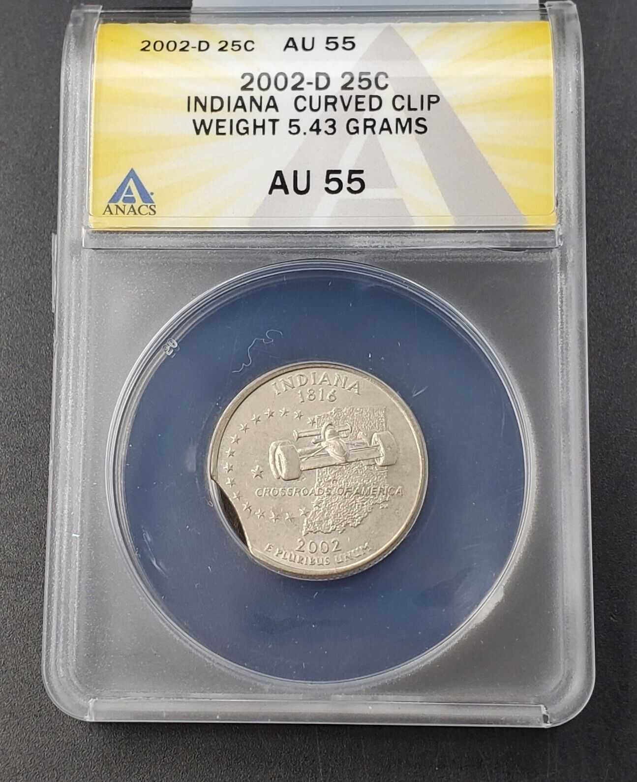 2002 D 25c W Indiana Quarters ANACS AU55 CURVED CLIP Weight 5.43 Grams Error
