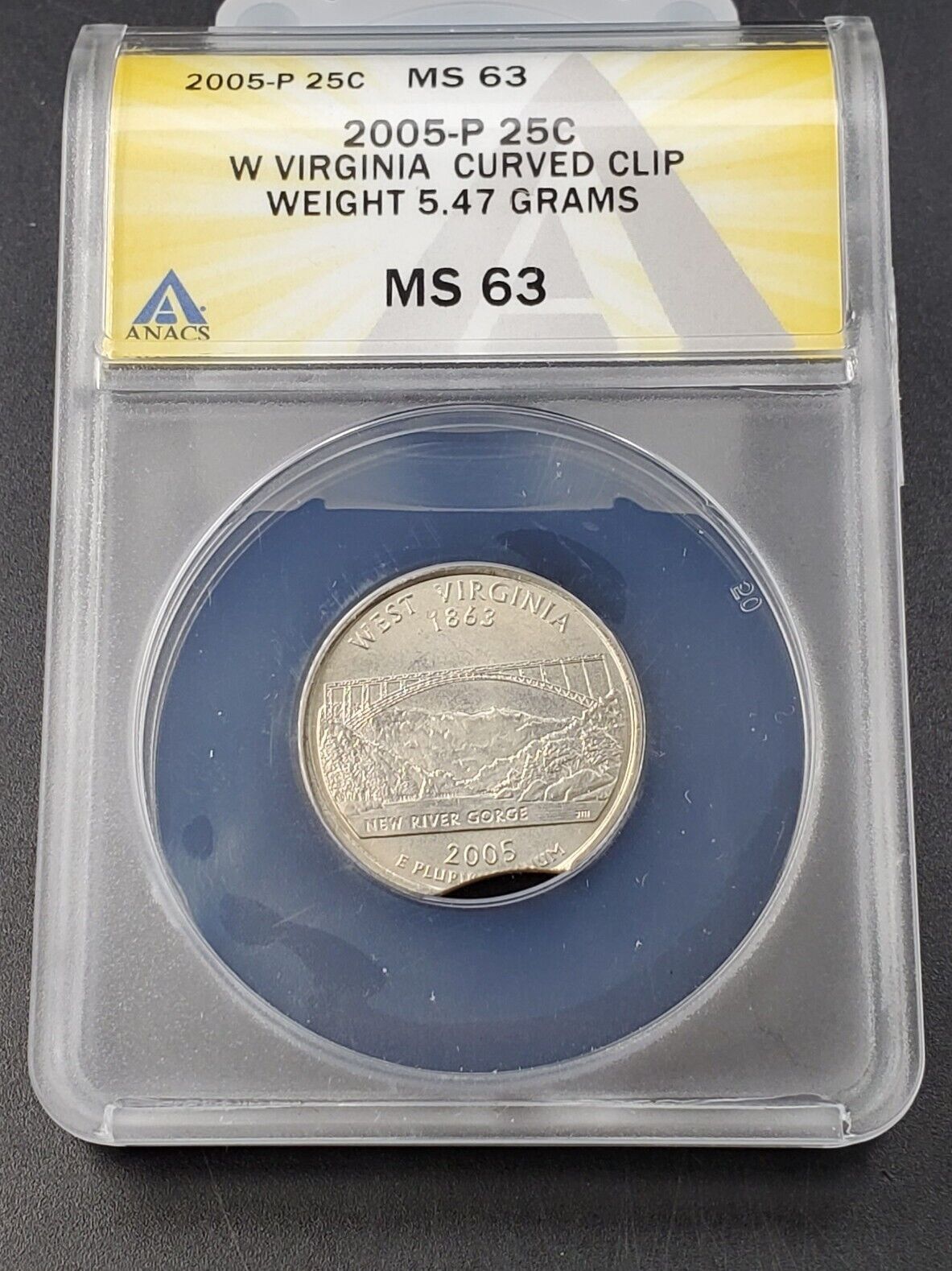 2005 P 25c W VIRGINIA Quarters ANACS MS63 CURVED CLIP Weight 5.47 Grams Error