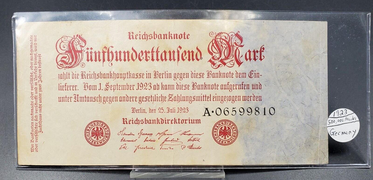 1923 Germany 500000 Mark Reichsbank Note German Inflation Paper Money CH VF