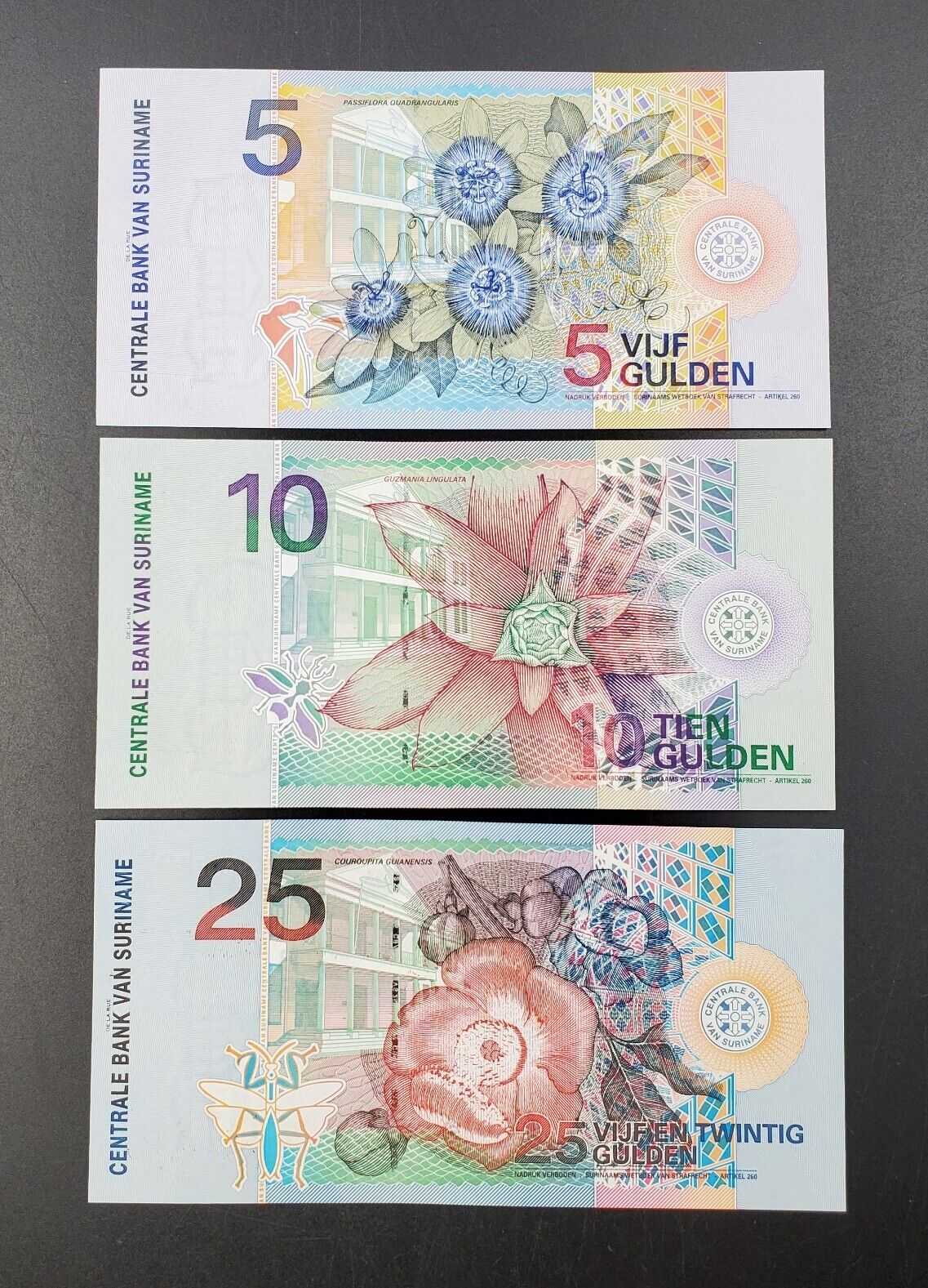 2000 SURINAME Set of 3 Bank Notes  5 10 & 25 Gulden UNCIRCULATED Tropical Birds
