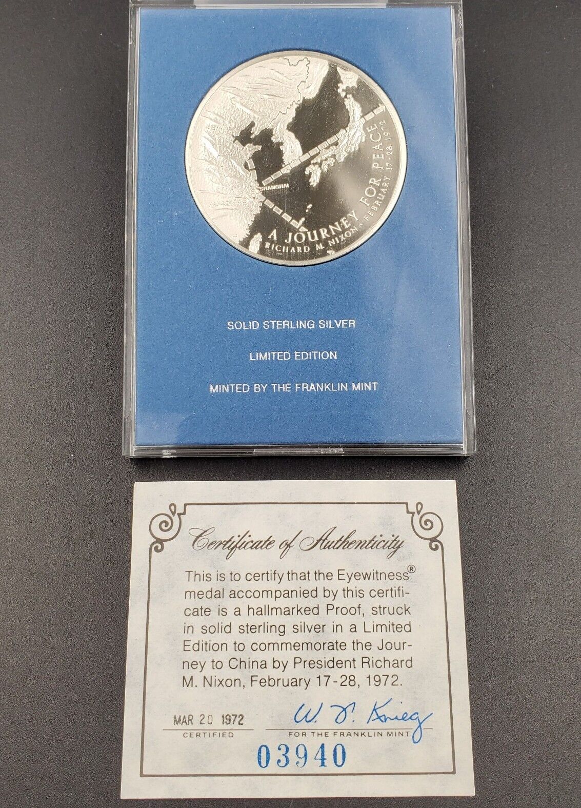1972 The Presidential Journey for  Peace Eyewitness Medal Coin ~ FRANKLIN MINT