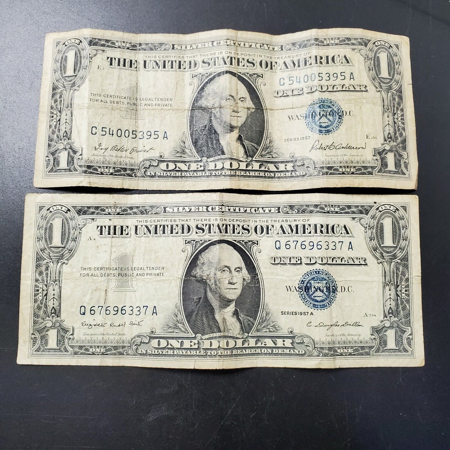 ESTATE CURRENCY LOT 2 1957 $1 SILVER CERTIFICATE NOTE BILLS BLUE SEAL REPEAT #