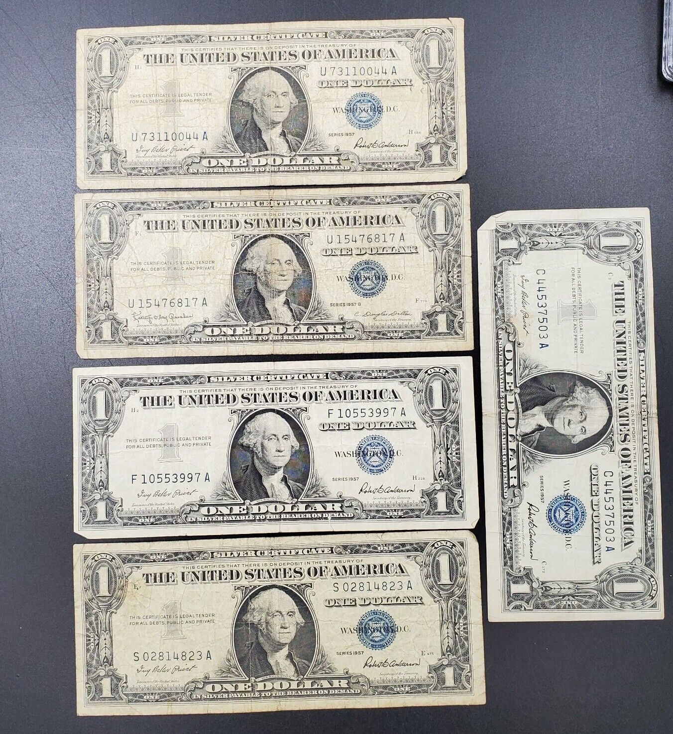 Lot of 5 1957 Silver Certificate Bill Currency (1 note has triple repeat serial#