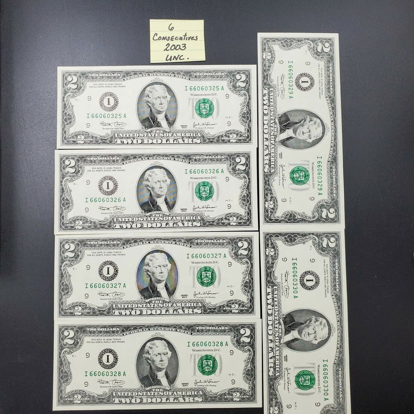 6 CONSECUTIVE $2 2003 FRN FEDERAL RESERVE NOTE CH UNC REPEAT SERIAL # 2