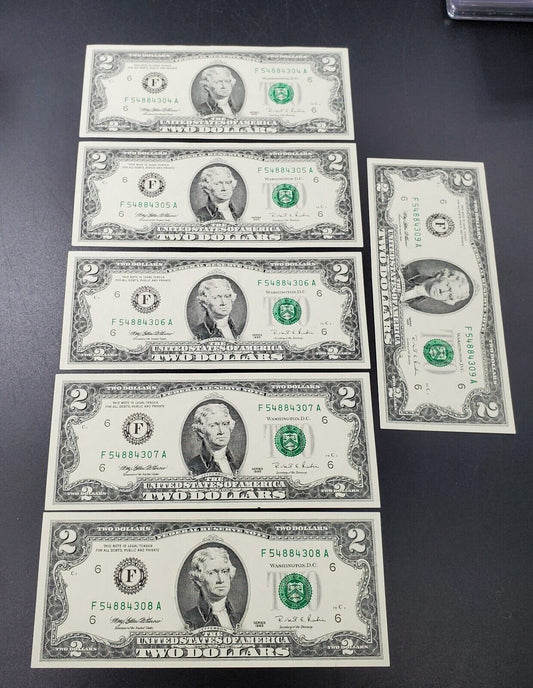 6 CONSECUTIVE $2 1995 FRN FEDERAL RESERVE NOTE CH UNC GREEN SEAL ESTATE LOT