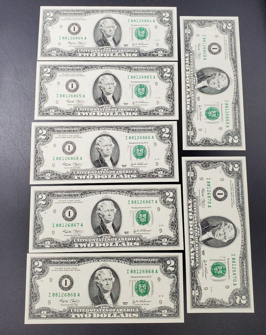 7 CONSECUTIVE $2 2003 FRN FEDERAL RESERVE NOTE CH UNC GREEN SEAL REPEAT SERIAL #