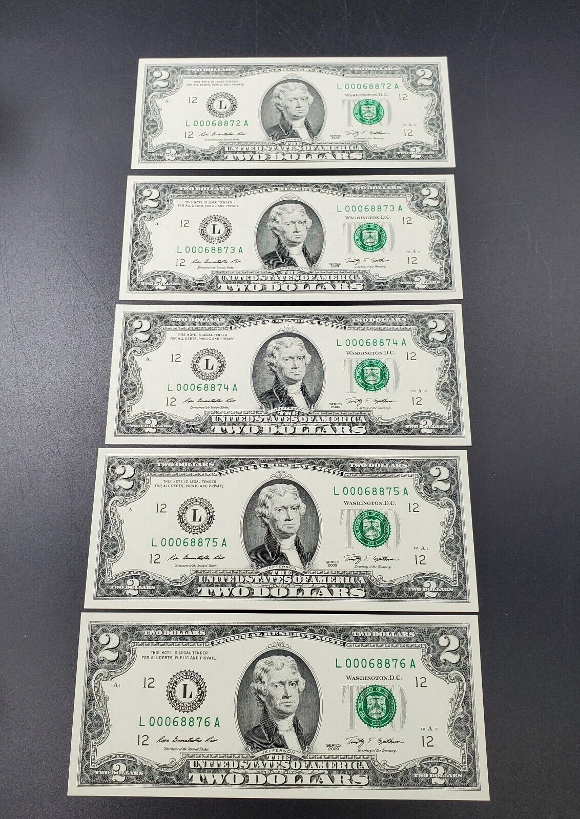 5 CONSECUTIVE 2009 $2 FRN FEDERAL RESERVE NOTE CH UNC DOUBLE REPEAT SERIAL #S