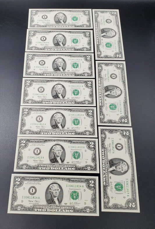 10 CONSECUTIVE 2003 $2 FRN FEDERAL RESERVE NOTE CH UNC 10 BILLS GREEN SEAL