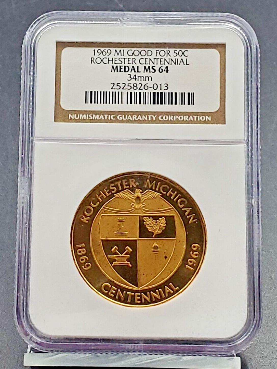 1969 MI Good for 50c Rochester Centennial NGC Medal MS64 34mm