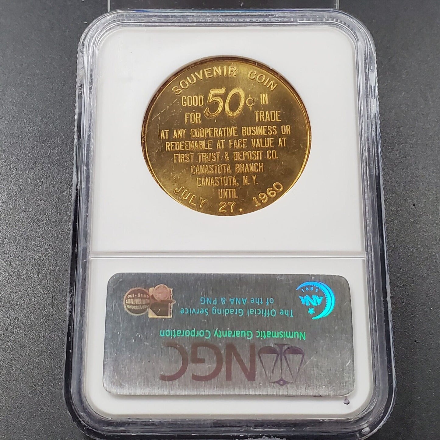 1960 50c Canastota Centennial So Called Dollar N.Y. Sesqui NGC Token MS64 Brass