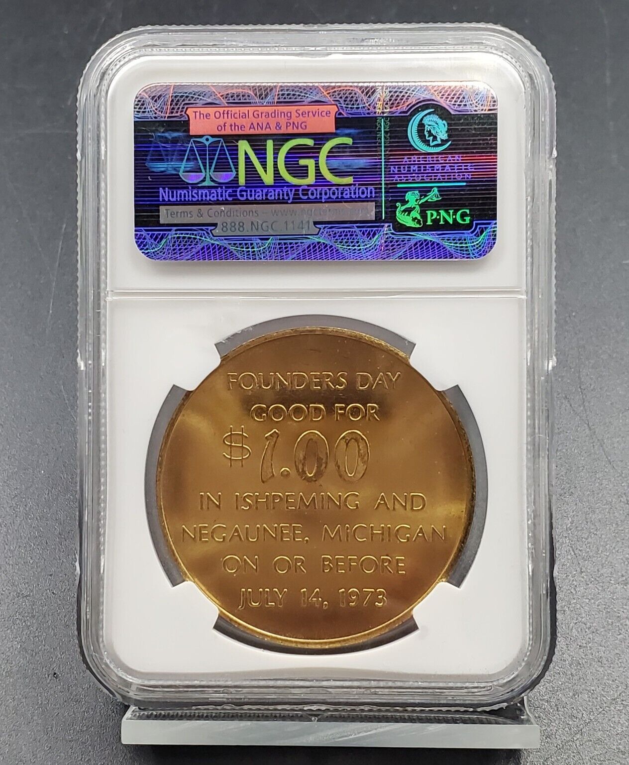 1973 MI Good for $1 Ishpeming - Megaunee NGC Token MS65 Brass Gem BU Certified