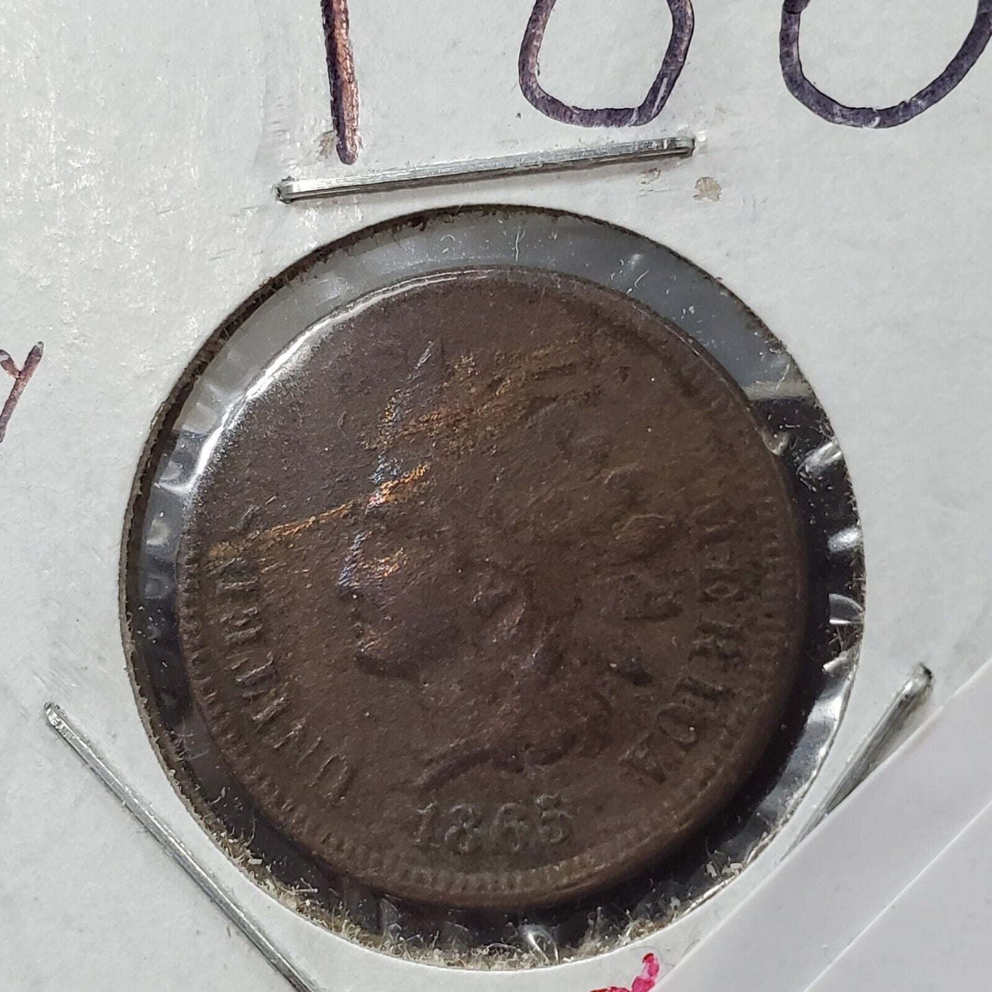 1865 Indian Head Liberty Wheat Cent Penny Coin Fancy 5 VF Details Damaged