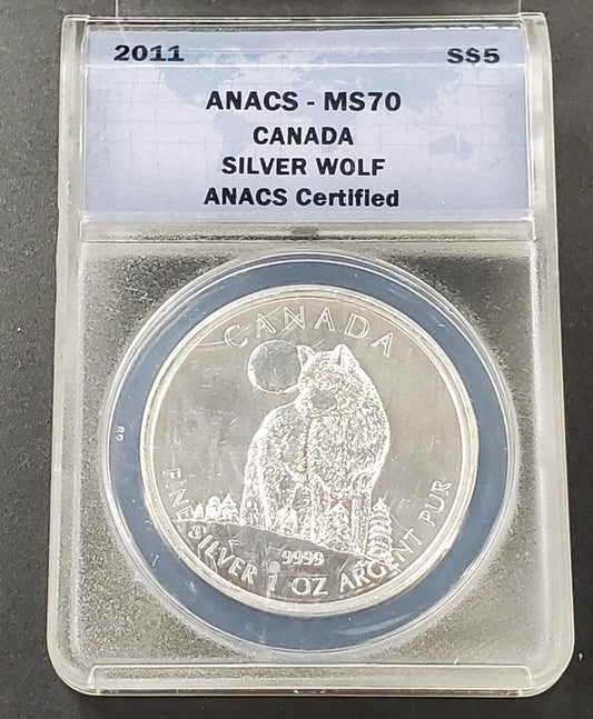 2011 $5 Canada 1 oz .9999 Silver Wolf Animal Coin MS70 Perfect Grade Certified