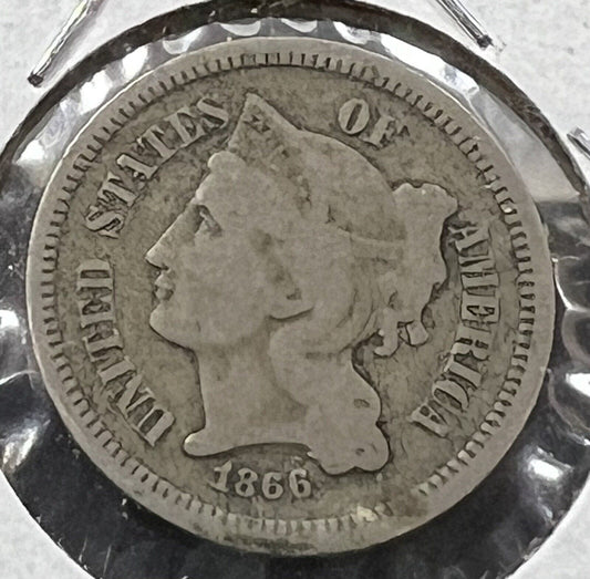 1866 3c Liberty Three Cent Nickel Coin Choice Fine / VF Very Fine