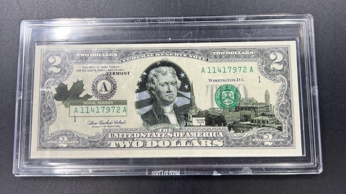 2003 A $2 Vermont FRN FEDERAL RESERVE NOTE BILL Colorized CH UNC