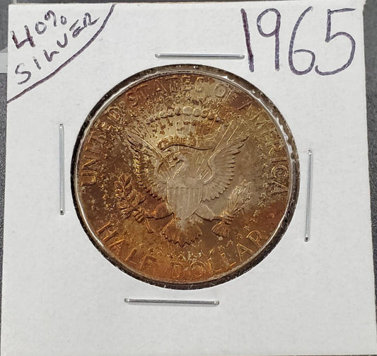 1965 P Kennedy 40% Silver Half Dollar Coin BU UNC End of Roll Amber Toning REV