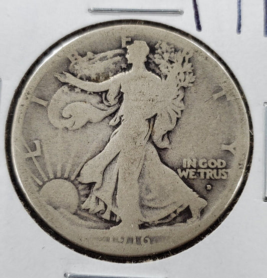 1916 D 50c Walking Liberty Half Dollar Coin Choice AG / Good OBV Mint Mark