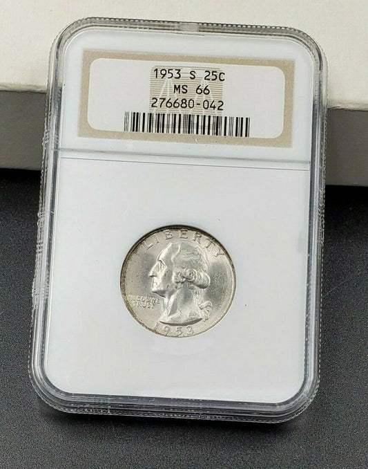 1953 S Washington Silver Quarter Coin MS66 NGC GEM BU Brown Label Some Toning