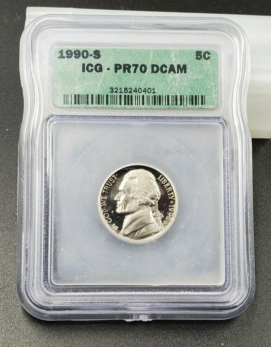 1990 S Proof Jefferson Nickel Coin ICG PR70 DCAM Deep Cameo