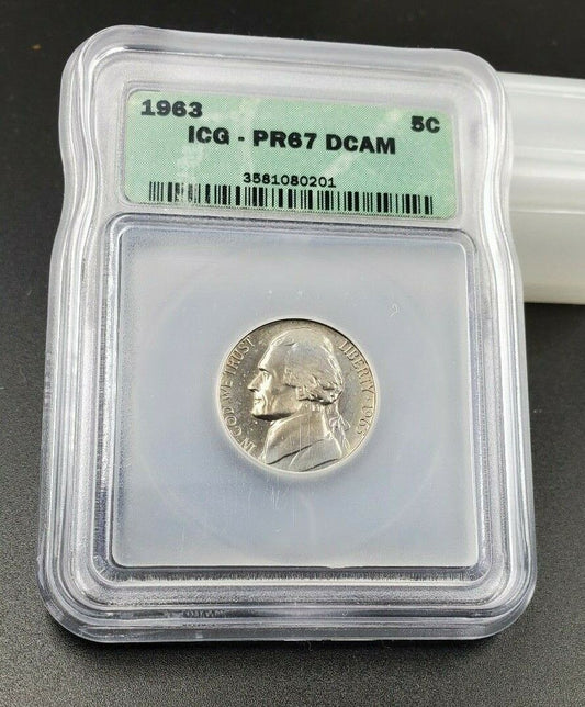 1963 P Proof Jefferson Nickel Coin Vintage ICG PR67 DCAM Nice Toning Obv Blue