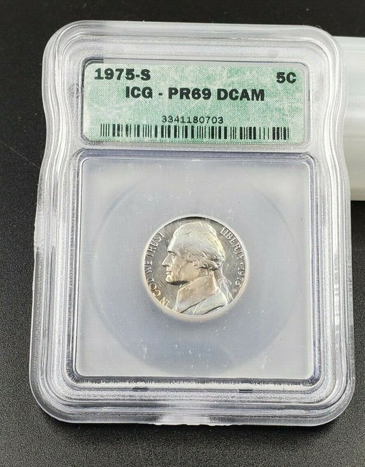 1975 S Proof Jefferson Nickel Coin ICG PR69 DCAM Deep Cameo Nice Blue Toning