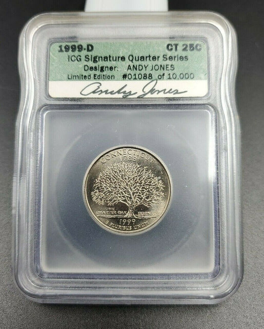 1999 D Connecticut Statehood Quarter Coin ICG Andy Jones Engraver Signature BU
