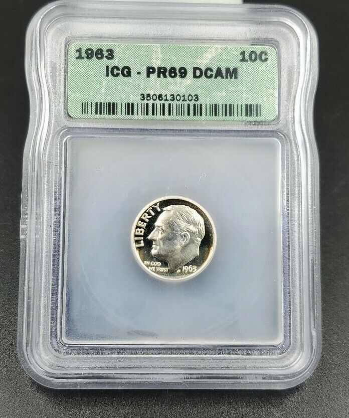 1963 P Roosevelt Silver Dime Coin Vintage ICG PR69 DCAM Deep Cameo Proof Nice