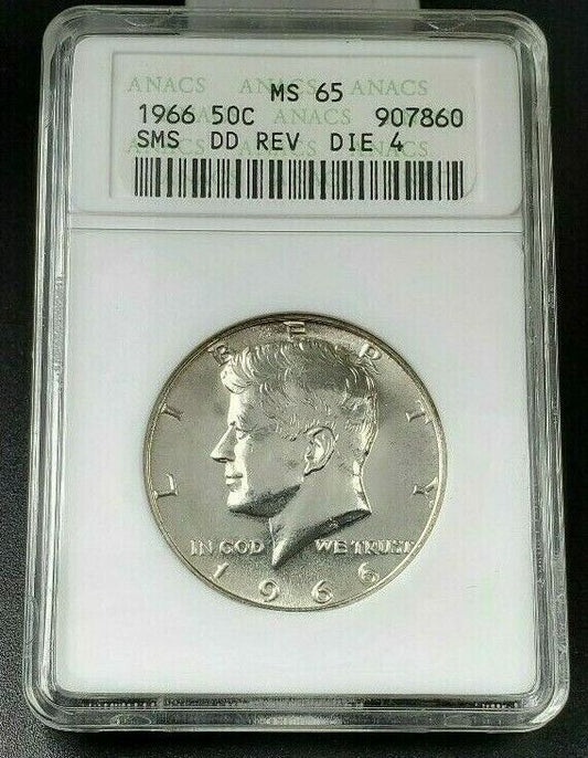 1966 SMS P SILVER KENNEDY HALF DOLLAR ANACS MS65 DDR 004 Double Die Reverse
