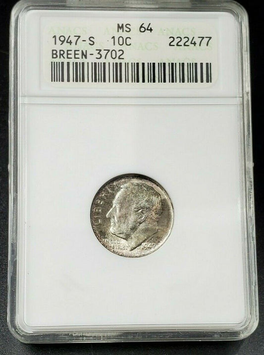 1947 S Roosevelt Dime Coin Variety ANACS MS64 Breen-3702 Trumpet Tail Mint Mark