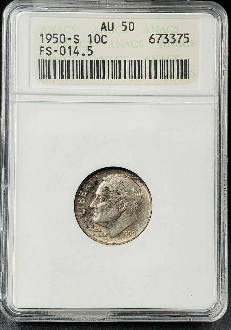 1950 S/S Inverted S Roosevelt Dime Coin Variety ANACS AU50 FS-501 FS-014.5