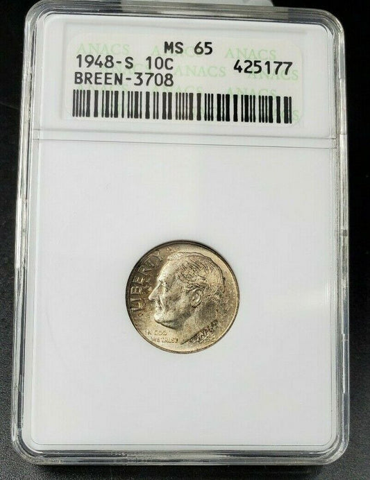 1948 S Roosevelt Dime Coin Variety ANACS MS65 Breen-3708 Trumpet Tail Mint Mark